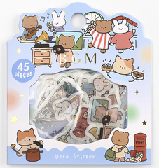 Cute Kawaii BGM Flake Stickers Sack - Bear Rabbit Stay Home Activities - for Journal Agenda Planner Scrapbooking Craft